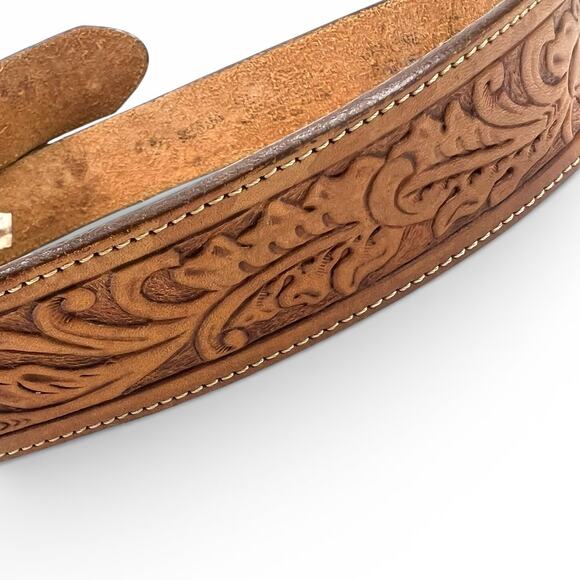 VINTAGE 90\'s Nocona 34 (M) Tooled Western Leather Silver-Tone Buckle Belt main image 4